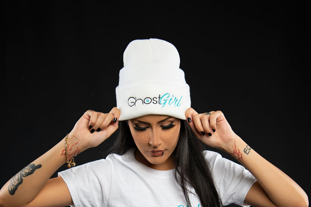 Cuffed Knit Beanie Blue “Ghost Girl” Logo